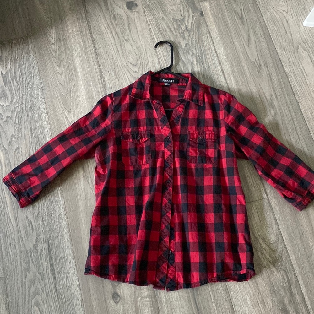 Womens red and black checked button down blouse